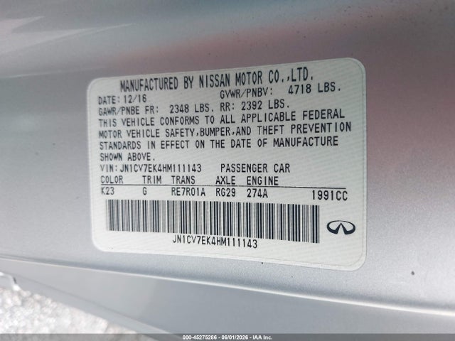 45275286 :رقم المزاد ، JN1CV7EK4HM111143 vin ، 2017 Infiniti Q60 2.0t مزاد بيع
