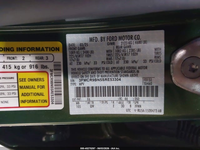 Aukcja sprzedaży 2025 Ford Bronco Sport Big Bend, vin: 3FMCR9BN5SRE53304, numer aukcji: 45275297