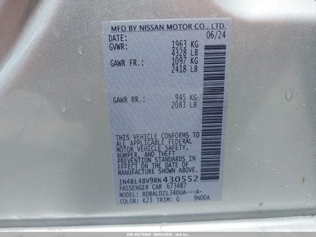 Продажа на аукционе авто 2024 Nissan Altima S Fwd, vin: 1N4BL4BV9RN430552, номер лота: 45275304