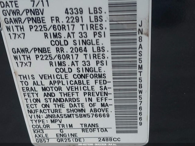 Aukcja sprzedaży 2011 Nissan Rogue Sv, vin: JN8AS5MT5BW576669, numer aukcji: 45275306