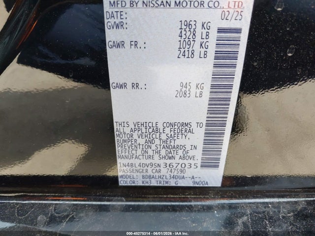 Продаж на аукціоні авто 2025 Nissan Altima Sv Fwd, vin: 1N4BL4DV9SN367035, номер лоту: 45275314