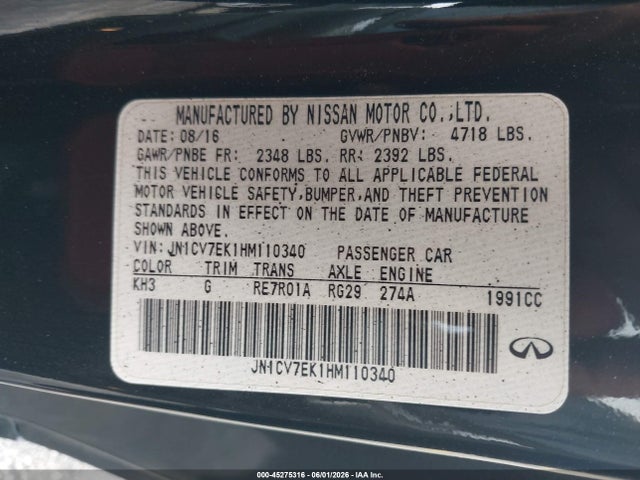 45275316 :رقم المزاد ، JN1CV7EK1HM110340 vin ، 2017 Infiniti Q60 2.0t مزاد بيع