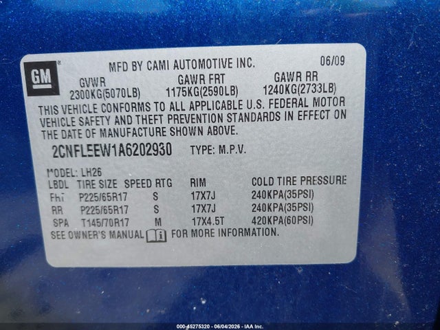 45275320 :رقم المزاد ، 2CNFLEEW1A6202930 vin ، 2010 Chevrolet Equinox Lt مزاد بيع