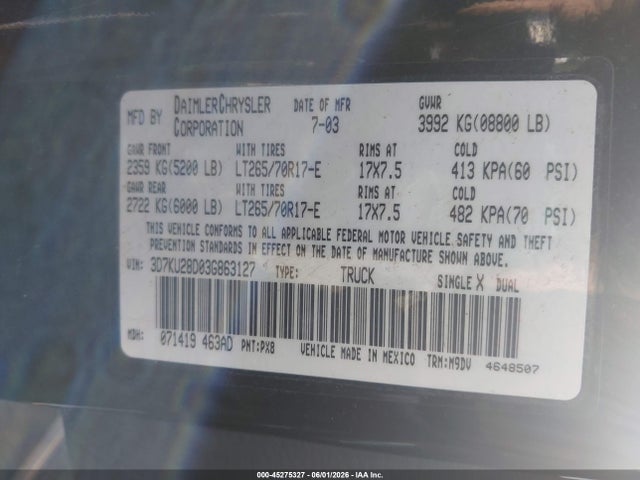 Продажа на аукционе авто 2003 Dodge Ram 2500 Slt/laramie/st, vin: 3D7KU28D03G863127, номер лота: 45275327