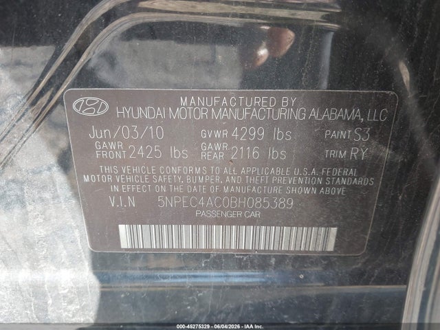 Aukcja sprzedaży 2011 Hyundai Sonata Limited, vin: 5NPEC4AC0BH085389, numer aukcji: 45275329
