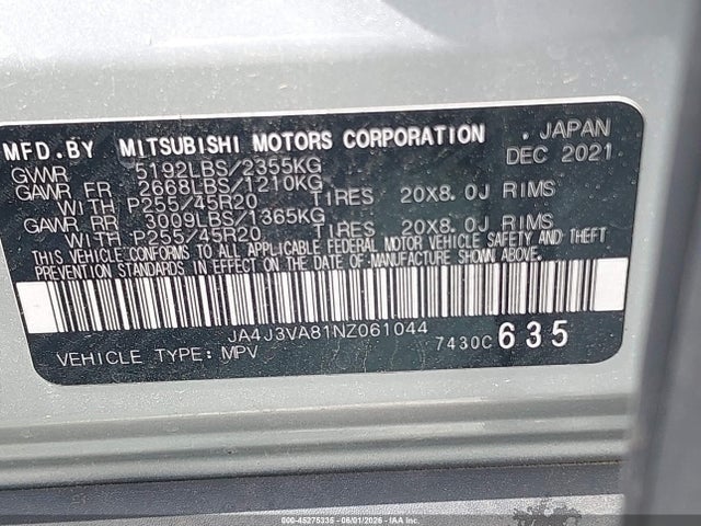 Aukcja sprzedaży 2022 Mitsubishi Outlander Sel Special Edition 2wd, vin: JA4J3VA81NZ061044, numer aukcji: 45275335