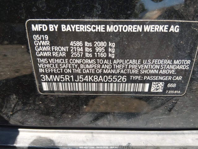 2019 Bmw 330i მანქანა იყიდება აუქციონზე, vin: 3MW5R1J54K8A05526, აუქციონის ნომერი: 45275344