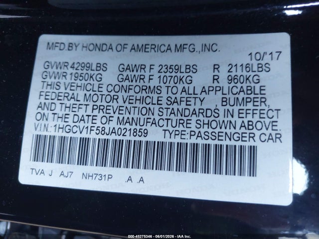 Honda Accord Ex-l 2018 1HGCV1F58JA021859 Image 9