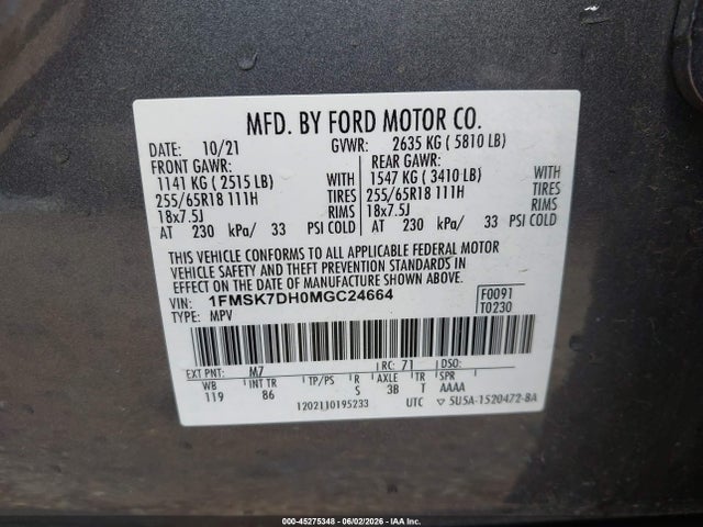 Ford EXPLORER XLT 2021 1FMSK7DH0MGC24664 Image 9