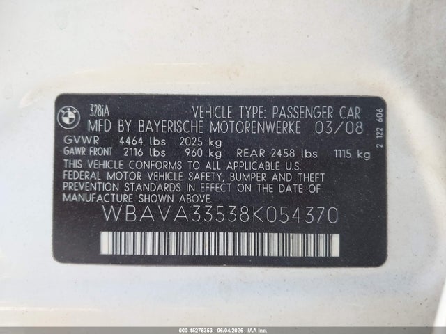 Auction sale of the 2008 Bmw 328i, vin: WBAVA33538K054370, lot number: 45275353