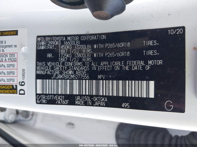 45275355 :رقم المزاد ، JTJAM7BX2M5277556 vin ، 2021 Lexus Gx Gx 460 Premium مزاد بيع