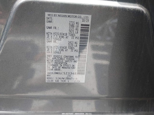 2020 Infiniti Qx60 Pure მანქანა იყიდება აუქციონზე, vin: 5N1DL0MN5LC523348, აუქციონის ნომერი: 45275357