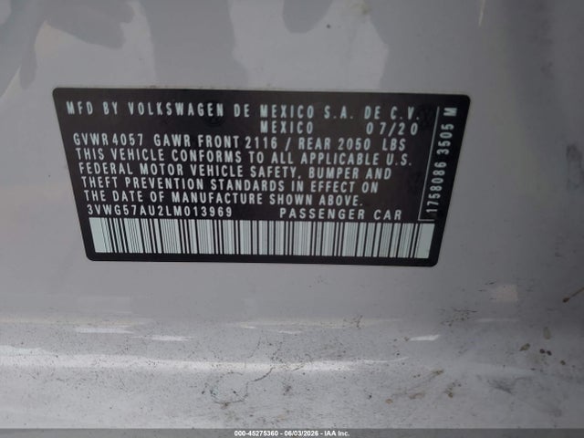 Aukcja sprzedaży 2020 Volkswagen Golf 1.4t Tsi, vin: 3VWG57AU2LM013969, numer aukcji: 45275360