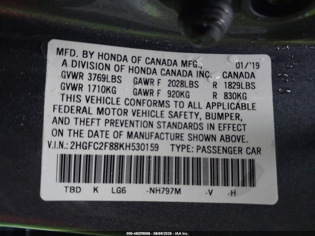 Honda Civic Sport 2019 2HGFC2F88KH530159 Image 9