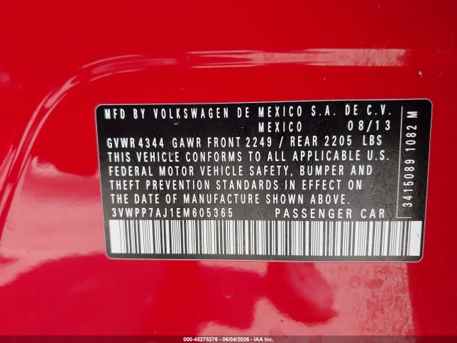 45275376 :رقم المزاد ، 3VWPP7AJ1EM605365 vin ، 2014 Volkswagen Jetta Sportwagen 2.5l Se مزاد بيع