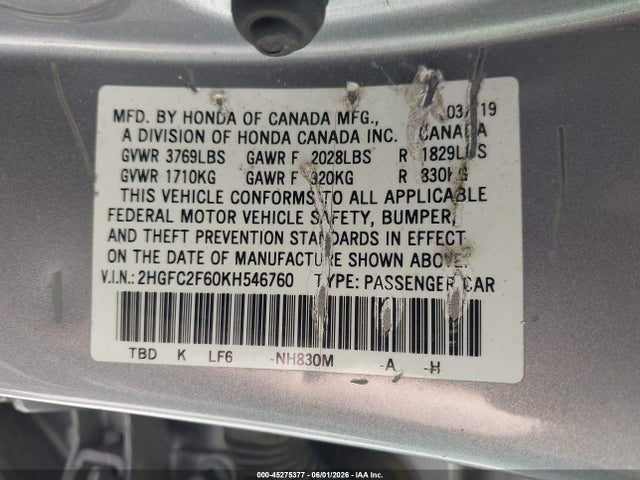 45275377 :رقم المزاد ، 2HGFC2F60KH546760 vin ، 2019 Honda Civic Lx مزاد بيع
