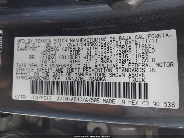 2012 Toyota Tacoma Prerunner V6 მანქანა იყიდება აუქციონზე, vin: 3TMKU4HN0CM031769, აუქციონის ნომერი: 45275380