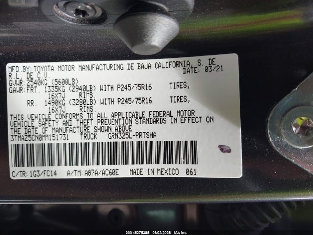 Auction sale of the 2021 Toyota Tacoma Sr5 V6, vin: 3TMAZ5CN0MM151731, lot number: 45275385