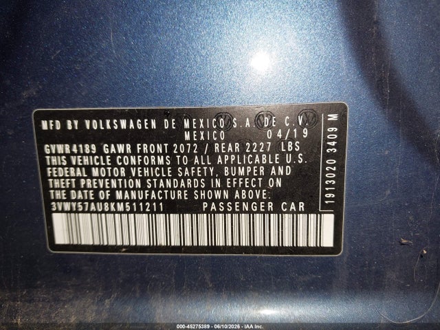 45275389 :رقم المزاد ، 3VWY57AU8KM511211 vin ، 2019 Volkswagen Golf Sportwagen مزاد بيع