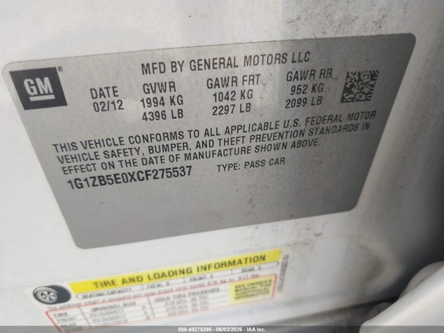 Aukcja sprzedaży 2012 Chevrolet Malibu Ls, vin: 1G1ZB5E0XCF275537, numer aukcji: 45275390