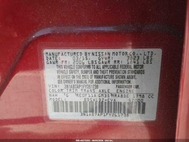 Продажа на аукционе авто 2015 Nissan Sentra Fe+ S/s/sl/sr/sv, vin: 3N1AB7AP1FY261738, номер лота: 45275393