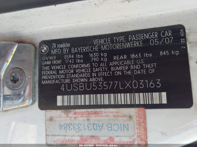 Продажа на аукционе авто 2007 Bmw Z4 3.0si, vin: 4USBU53577LX03163, номер лота: 45275400