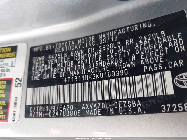 4T1B11HK3KU169390 Toyota CAMRY SE