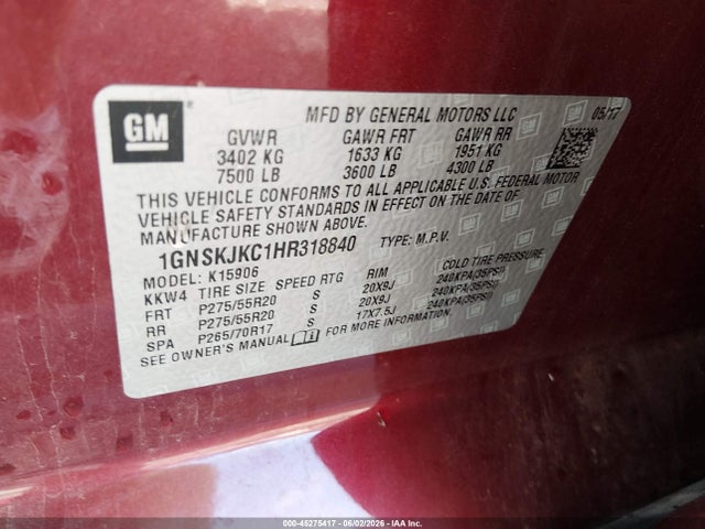 1GNSKJKC1HR318840 Chevrolet Suburban Premier