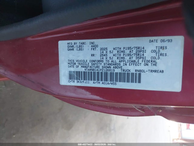 Продажа на аукционе авто 1993 Toyota Pickup 1/2 Ton Short Whlbase Stb, vin: 4TARN81A1PZ126819, номер лота: 45275422