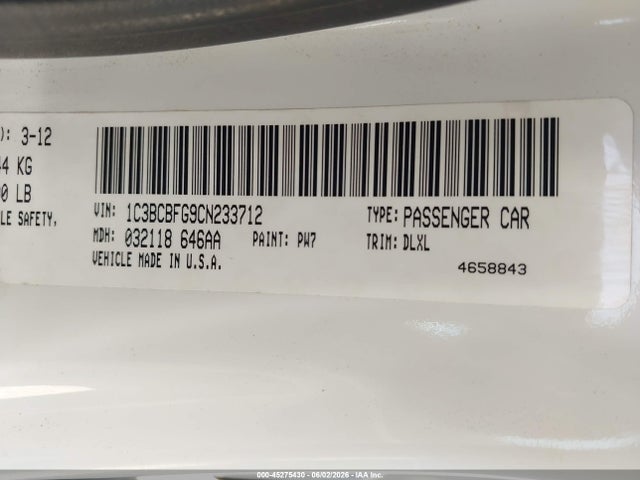 45275430 :رقم المزاد ، 1C3BCBFG9CN233712 vin ، 2012 Chrysler 200 Limited مزاد بيع