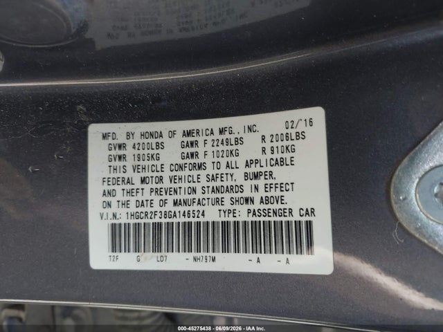 Aukcja sprzedaży 2016 Honda Accord Lx, vin: 1HGCR2F38GA146524, numer aukcji: 45275438