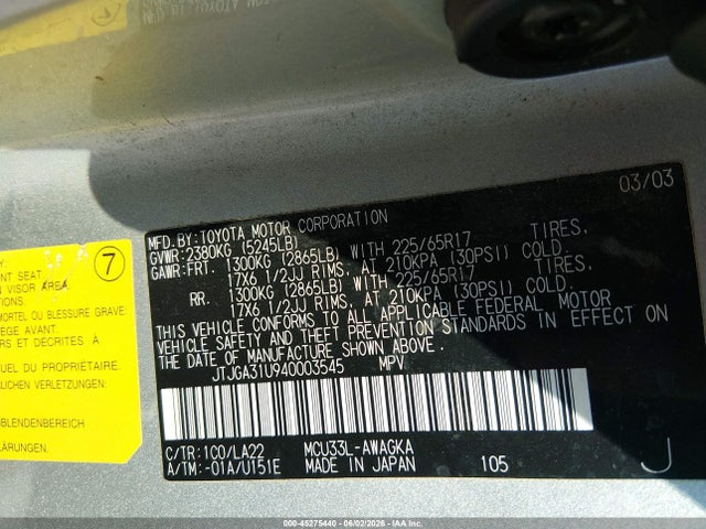 Aukcja sprzedaży 2004 Lexus Rx 330, vin: JTJGA31U940003545, numer aukcji: 45275440