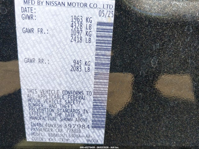 45275459 :رقم المزاد ، 1N4BL4DVXSN397984 vin ، 2025 Nissan Altima Sv Fwd مزاد بيع