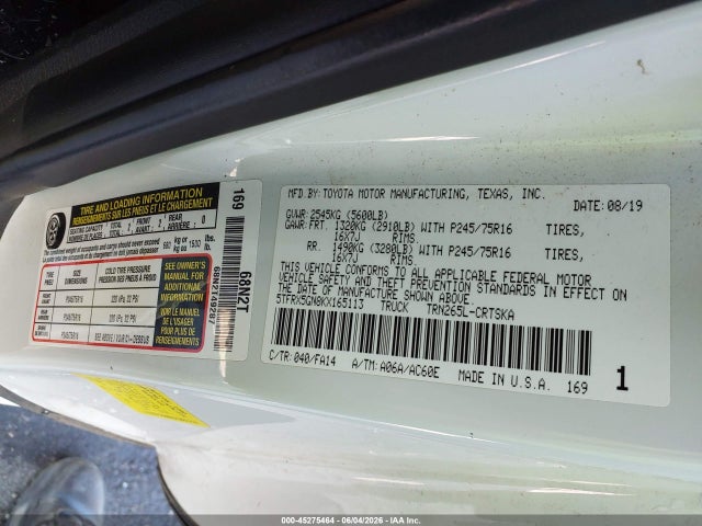 Продажа на аукционе авто 2019 Toyota Tacoma Sr, vin: 5TFRX5GN8KX165113, номер лота: 45275464
