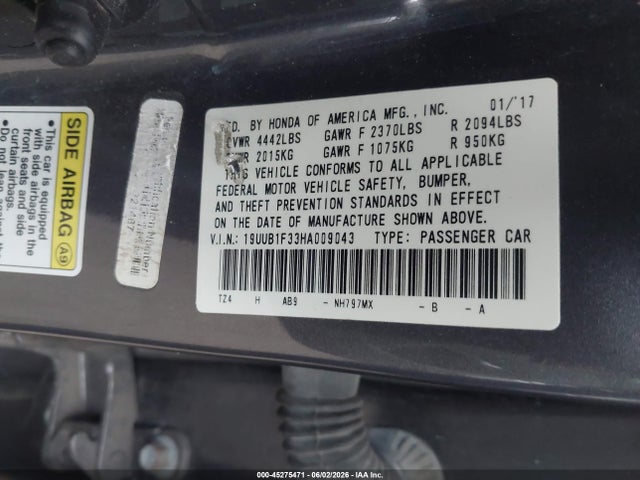 45275471 :رقم المزاد ، 19UUB1F33HA009043 vin ، 2017 Acura Tlx مزاد بيع