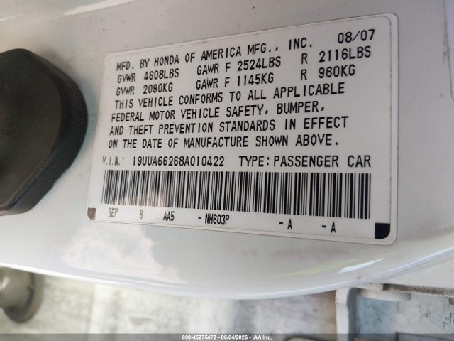 Aukcja sprzedaży 2008 Acura Tl 3.2, vin: 19UUA66268A010422, numer aukcji: 45275472