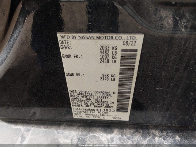 1N4BL4EW6NN413822 Nissan Altima Sl Intelligent Awd