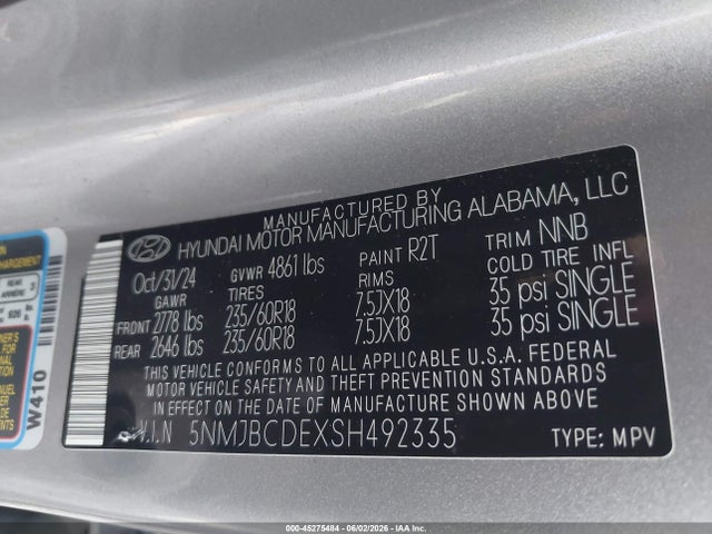 Продаж на аукціоні авто 2025 Hyundai Tucson Sel, vin: 5NMJBCDEXSH492335, номер лоту: 45275484