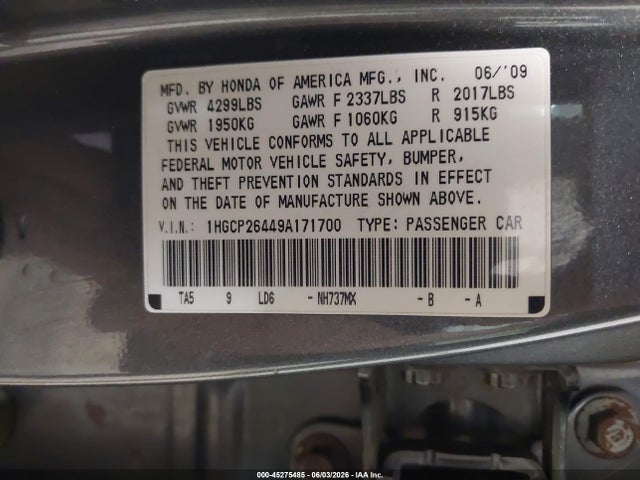Aukcja sprzedaży 2009 Honda Accord 2.4 Lx-p, vin: 1HGCP26449A171700, numer aukcji: 45275485