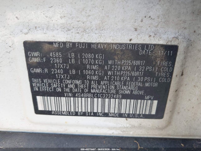 Продаж на аукціоні авто 2012 Subaru Outback 2.5i Limited, vin: 4S4BRBLC1C3232489, номер лоту: 45275487