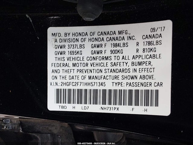 Honda CIVIC EX 2017 2HGFC2F71HH571345 Image 9