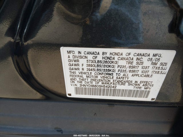 45275493 :رقم المزاد ، 2HNYD18805H542042 vin ، 2005 Acura Mdx مزاد بيع