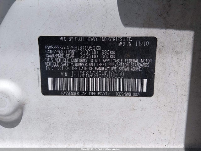Продажа на аукционе авто 2011 Subaru Impreza 2.5i, vin: JF1GE6A64BH510609, номер лота: 45275517