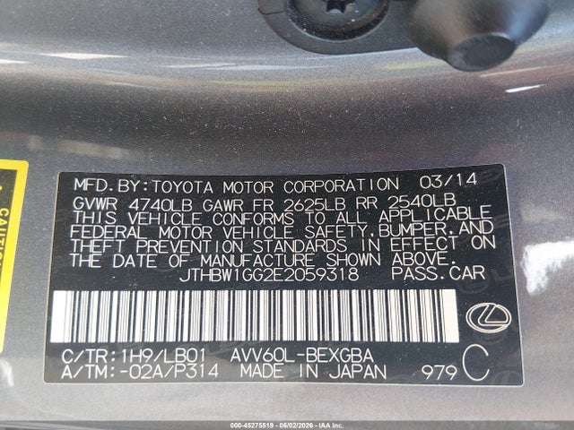 45275519 :رقم المزاد ، JTHBW1GG2E2059318 vin ، 2014 Lexus Es 300h مزاد بيع