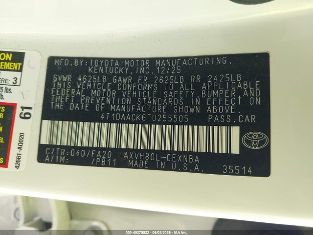 Продажа на аукционе авто 2026 Toyota Camry Le, vin: 4T1DAACK6TU255505, номер лота: 45275522