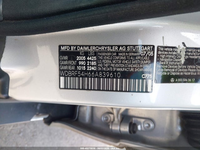 45275538 :رقم المزاد ، WDBRF54H66A839610 vin ، 2006 Mercedes-benz C 280 Luxury مزاد بيع