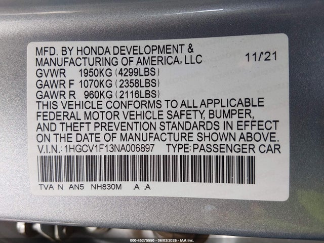 Honda ACCORD LX 2022 1HGCV1F13NA006897 Image 9