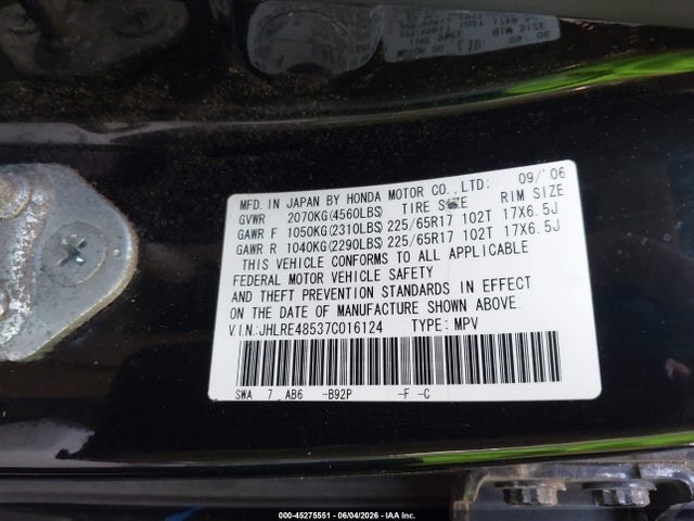 Aukcja sprzedaży 2007 Honda Cr-v Ex, vin: JHLRE48537C016124, numer aukcji: 45275551
