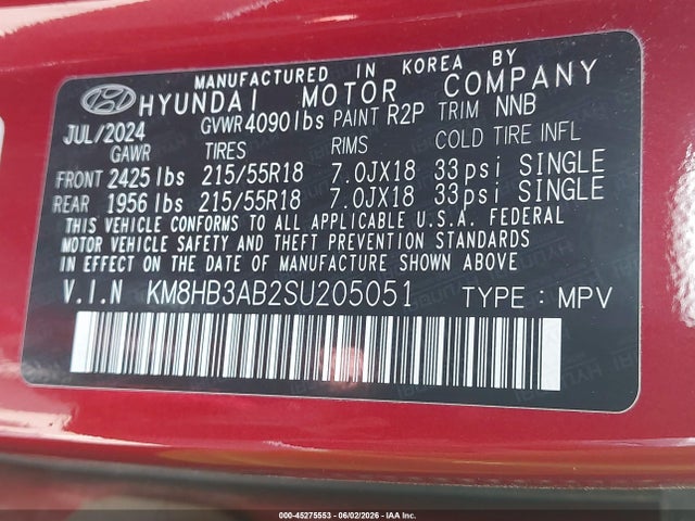 Aukcja sprzedaży 2025 Hyundai Kona Sel, vin: KM8HB3AB2SU205051, numer aukcji: 45275553