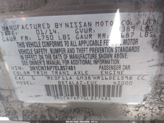 Продажа на аукционе авто 2014 Nissan Versa 1.6 S+, vin: 3N1CN7AP7EL857481, номер лота: 45275560
